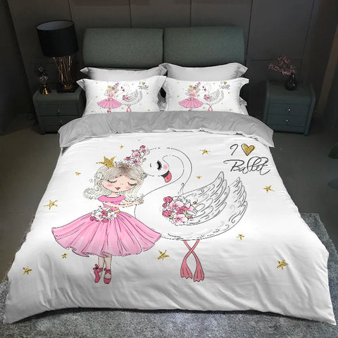 Modern Lovely Princess Kids Bedding Set Twin Size Microfiber Cartoon Unicorn Swan Ballet Girl Print Duvet Cover With Pillowcases