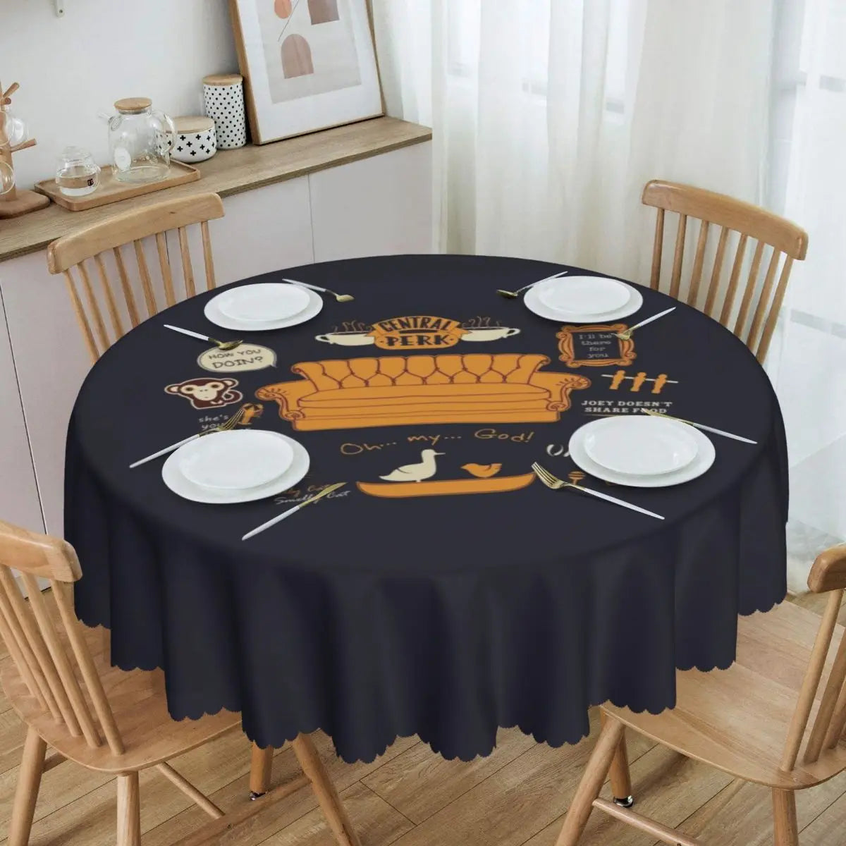 Customized I'll Be There For You Round Tablecloths 60 Inch Friends TV Show Table Covers for Kitchen Table Cloth