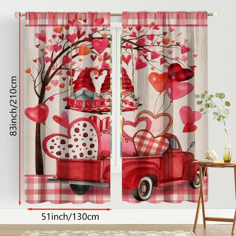 2PCS red and white checkered heart-shaped gnome curtains, sweet style, living room and bedroom, decorative with drawbar pockets