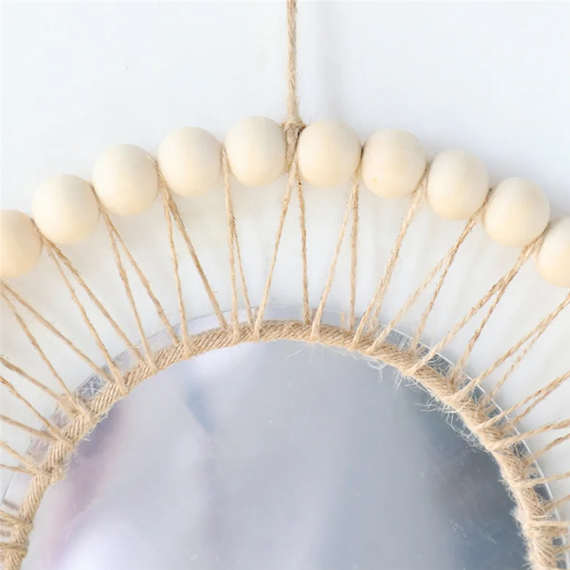 AK23-Wall Mirror Hanging Wall Mirror Boho Antique Mirror With Wood Beads Fringe Handmade Round Decoration