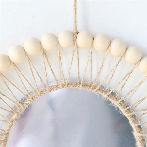 AK23-Wall Mirror Hanging Wall Mirror Boho Antique Mirror With Wood Beads Fringe Handmade Round Decoration