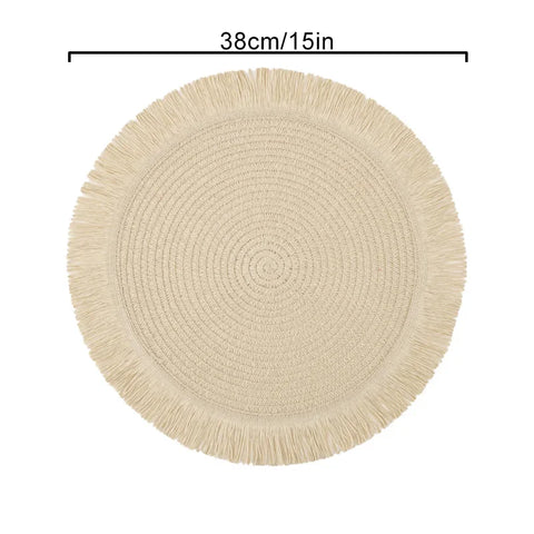 Round Braided Placemats Fringe Paper Table Mats Hand Woven Non-slip Insulation Place Mats Tea Cup Pad Dining Table Decorations