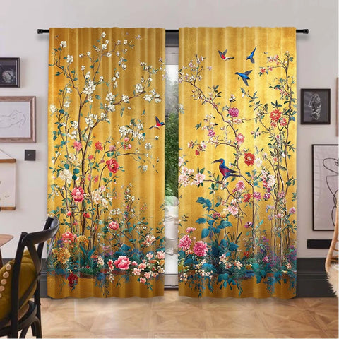 2pcs 2D flat printing Merry Christmas Trendy Curtains Golden Blooms scopic and stylish 100% polyester fiber Festive Curtains for