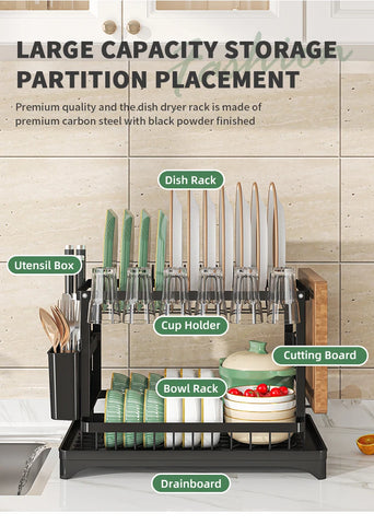 2 tier,dish drying rack,Cutlery rack with spout and draining tray,cutlery holder,cup holder,kitchen countertop storage rack