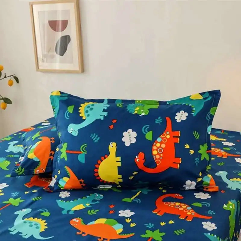 Solstice Kids Dinosaur Bed Sheet Set - Cartoon Printed Draps De Lit With Pillowcase, Elastic Fitted (Single/Twin, 100% Cotton)
