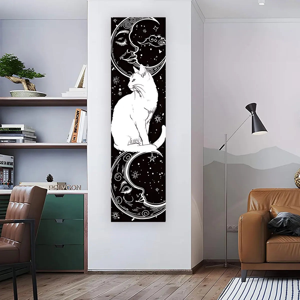 Whimsy Cat Black and White Cat Vertical Tapestry Sun and Moon Long Wall Hanging Starry Sky Aesthetic Art Tapestry Wall Decor