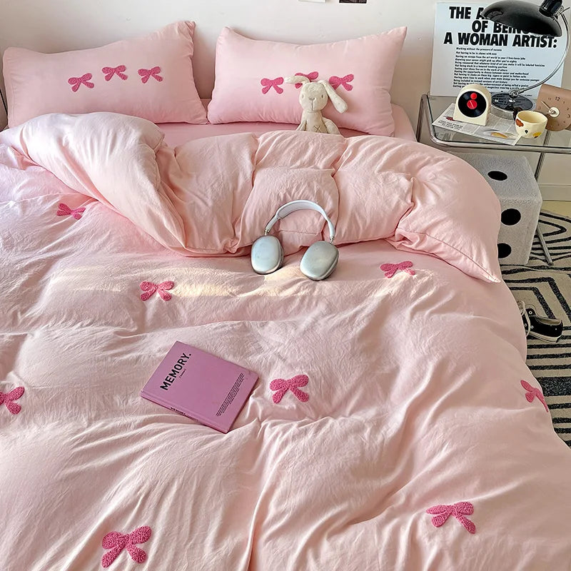 Cute Pink Bows Duvet Cover Set, 3D Embroidery Bedding Sets Pink Bed Set, Comfy Queen Comforter Covers Soft for Girls Kids Teens
