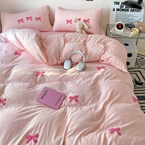 Cute Pink Bows Duvet Cover Set, 3D Embroidery Bedding Sets Pink Bed Set, Comfy Queen Comforter Covers Soft for Girls Kids Teens
