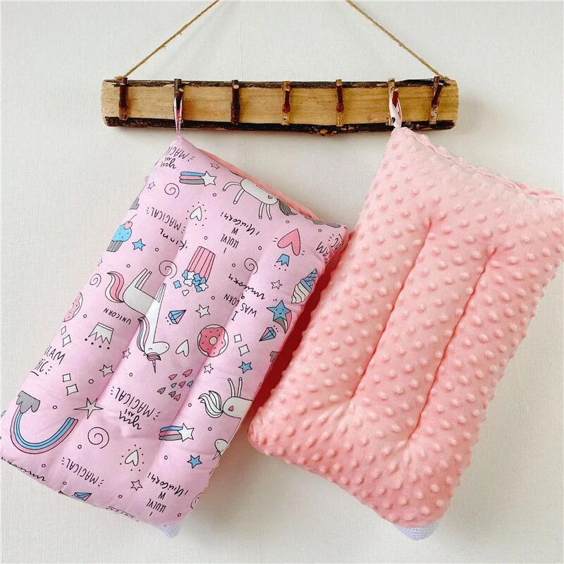 Soft Baby Pillow with Adorable Cartoon Print, Cotton and Microfiber Filling, Gentle Fabric, All-Season Comfort Soothing Cushion