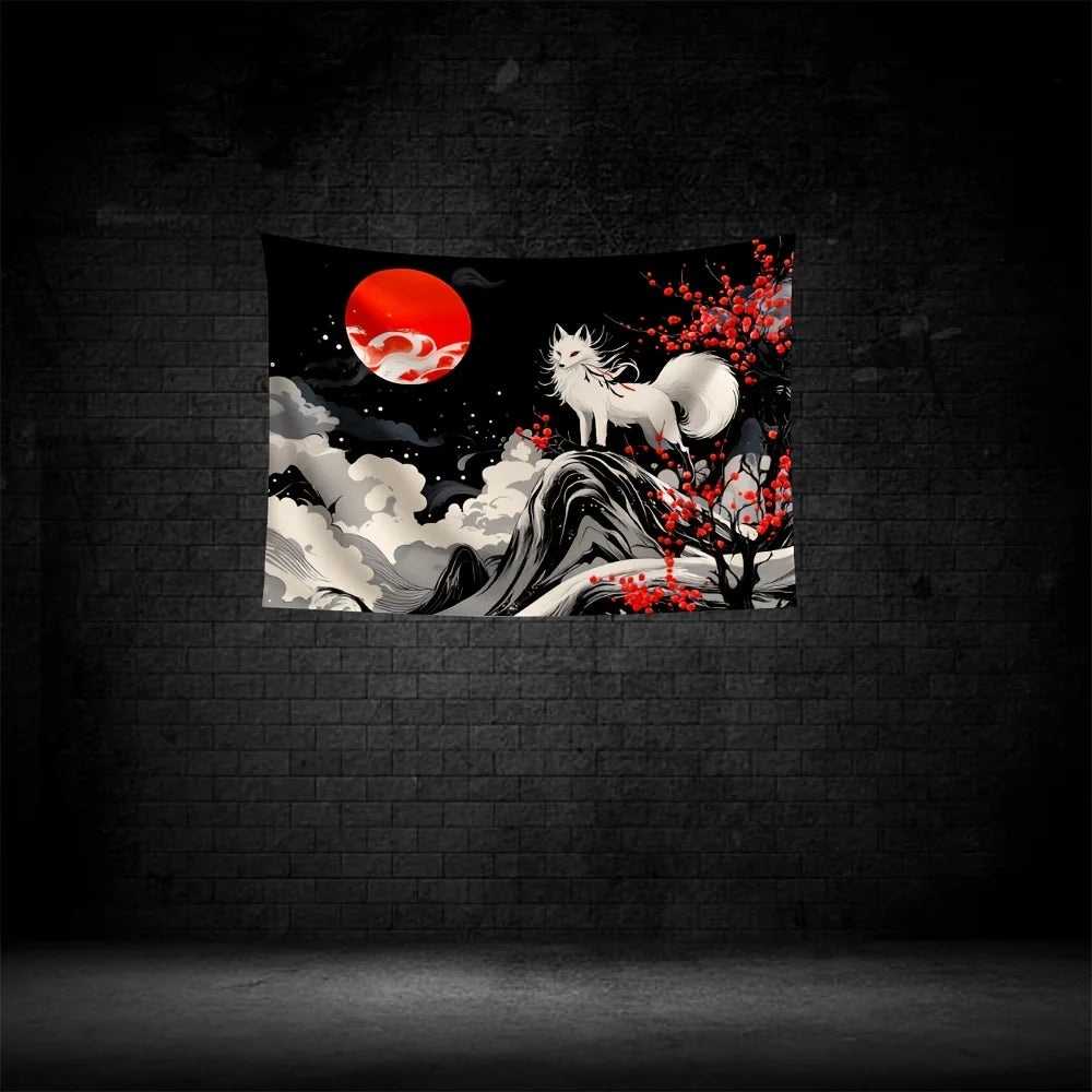 1pc Fantasy White Fox and Red Flower Tree Background Wall Cloth-Modern Polyester Reusable Party Decorative Tapestry