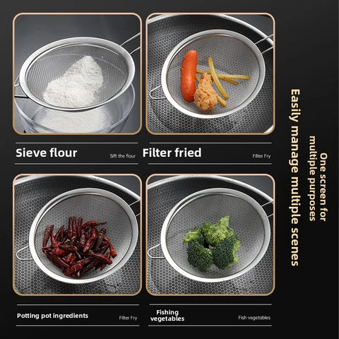 Mesh Filter Sieve Stainless Steel Slotted Spoon Kitchen Set of 3 Fine Strainers Long Handle for Cooking Sifting and Frying