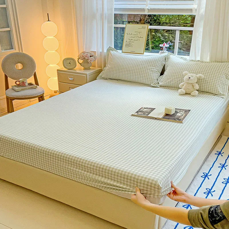 New Ultra-Thin Grid Pattern Fitted Sheet Set Washed Cotton Skin-Friendly Mattress Dust Cover Soft Breathable Household Mat
