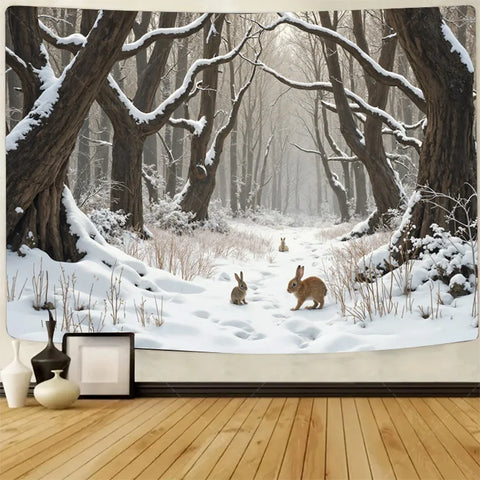 Enchanted Winter Forest Tapestry with Deer and Fox in Snow, Magical Animal Scene Wall Hanging for Bedroom or Living Room Decor