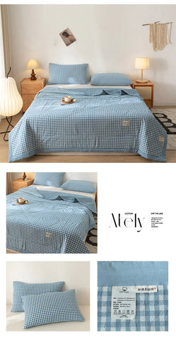 Ins Style Summer Quilt with 100% Cotton Filling Lightweight Skin-friendly Pure Cotton Quilt Plaid Style Thin Comforter Bed Duvet