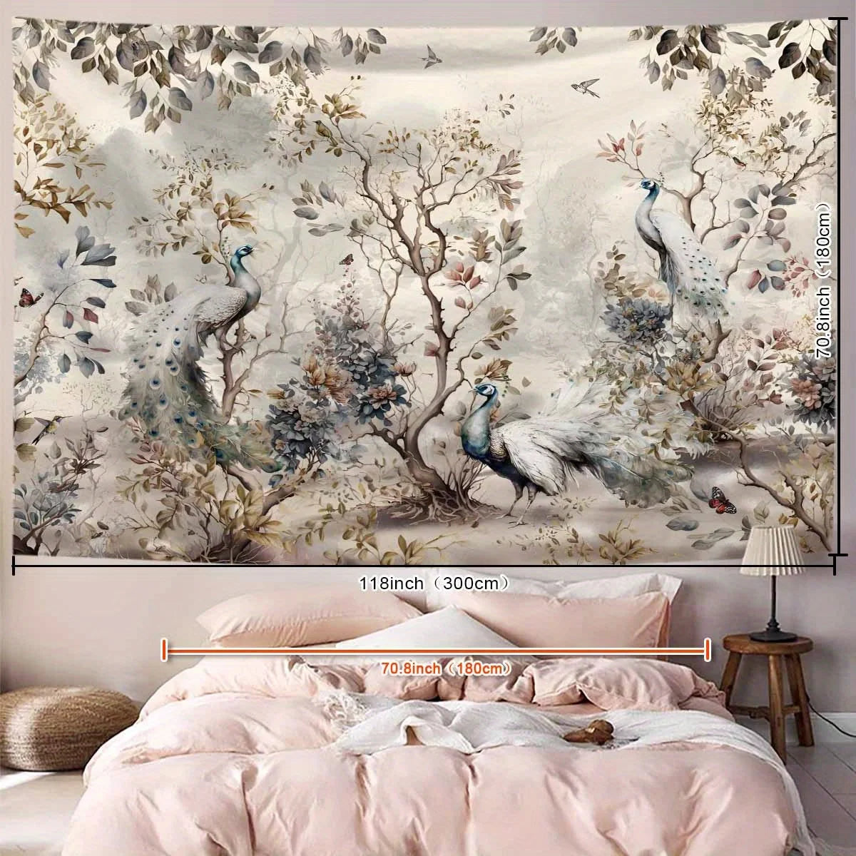 1 Peacock Floral Decorative Tapestry - Elegant wall hanging with bright floral and peacock pattern, polyester fabric