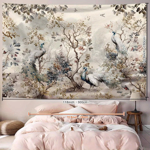 1 Peacock Floral Decorative Tapestry - Elegant wall hanging with bright floral and peacock pattern, polyester fabric
