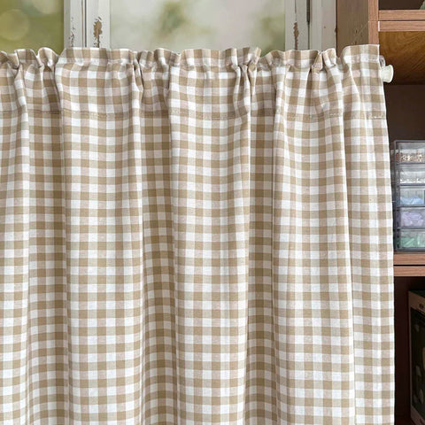 Korean Style Classic Plaid Pattern Cafe Curtain  Light Brown Semi Blackout Small Curtain Rod Pocket For Living Room Kitchen Door