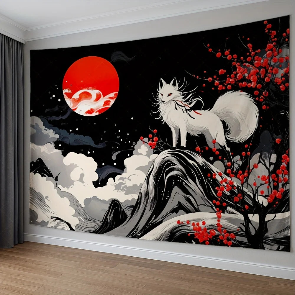1pc Fantasy White Fox and Red Flower Tree Background Wall Cloth-Modern Polyester Reusable Party Decorative Tapestry