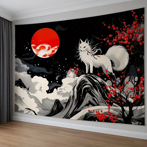 1pc Fantasy White Fox and Red Flower Tree Background Wall Cloth-Modern Polyester Reusable Party Decorative Tapestry
