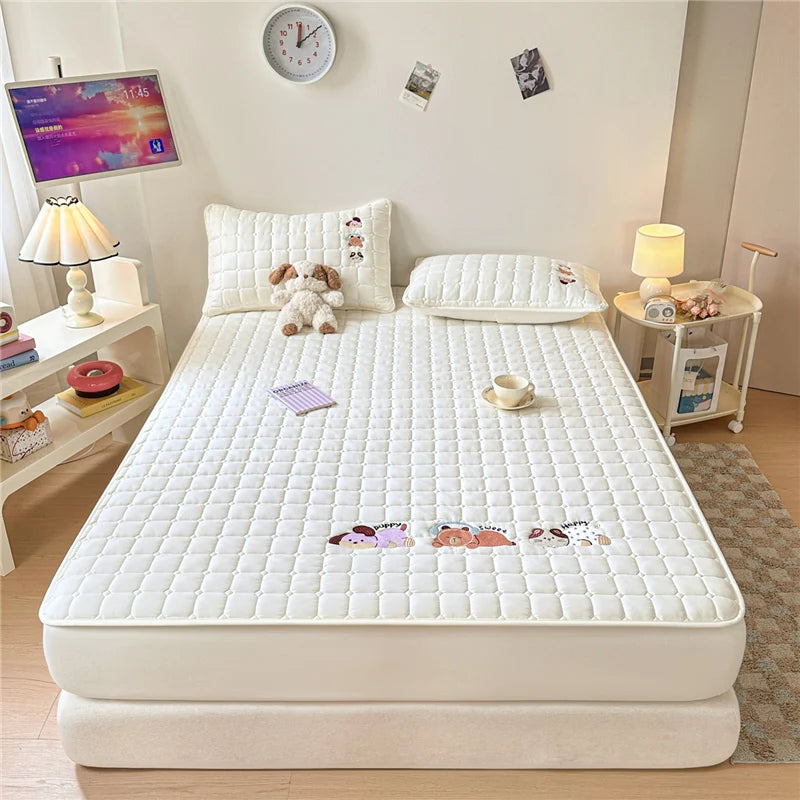 Cartoon Embroidered Bed Cover Quilted Mattress Protector Non-slip Bedspread Thicken Bed Linen 매트리스 커버	 (No Pillowcase)