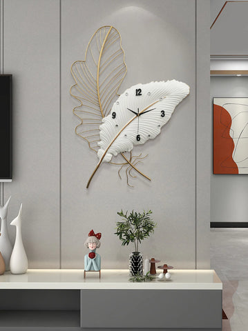 2025 New Large-size Iron Handmade Pure White Feather Wall-mounted Clock Home Decor Silent Hollow Feather Simple Quartz Clocks