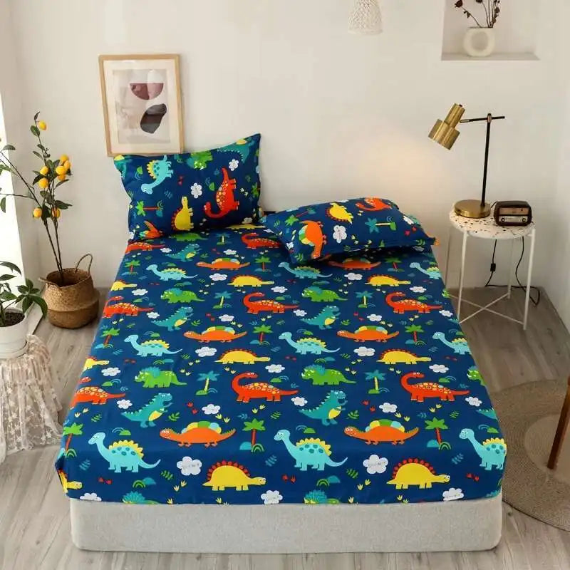 Solstice Kids Dinosaur Bed Sheet Set - Cartoon Printed Draps De Lit With Pillowcase, Elastic Fitted (Single/Twin, 100% Cotton)