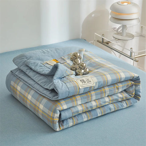 Ins Style Summer Quilt with 100% Cotton Filling Lightweight Skin-friendly Pure Cotton Quilt Plaid Style Thin Comforter Bed Duvet