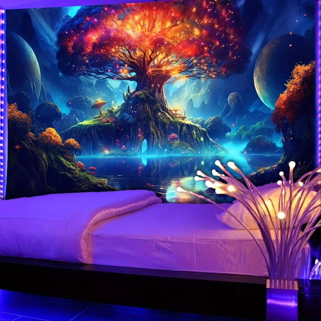 Dream Forest Fluorescent Tapestry for Bedroom Living Room Decoration Polyester Material Belt Installation Kit