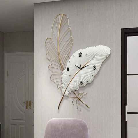 2025 New Large-size Iron Handmade Pure White Feather Wall-mounted Clock Home Decor Silent Hollow Feather Simple Quartz Clocks