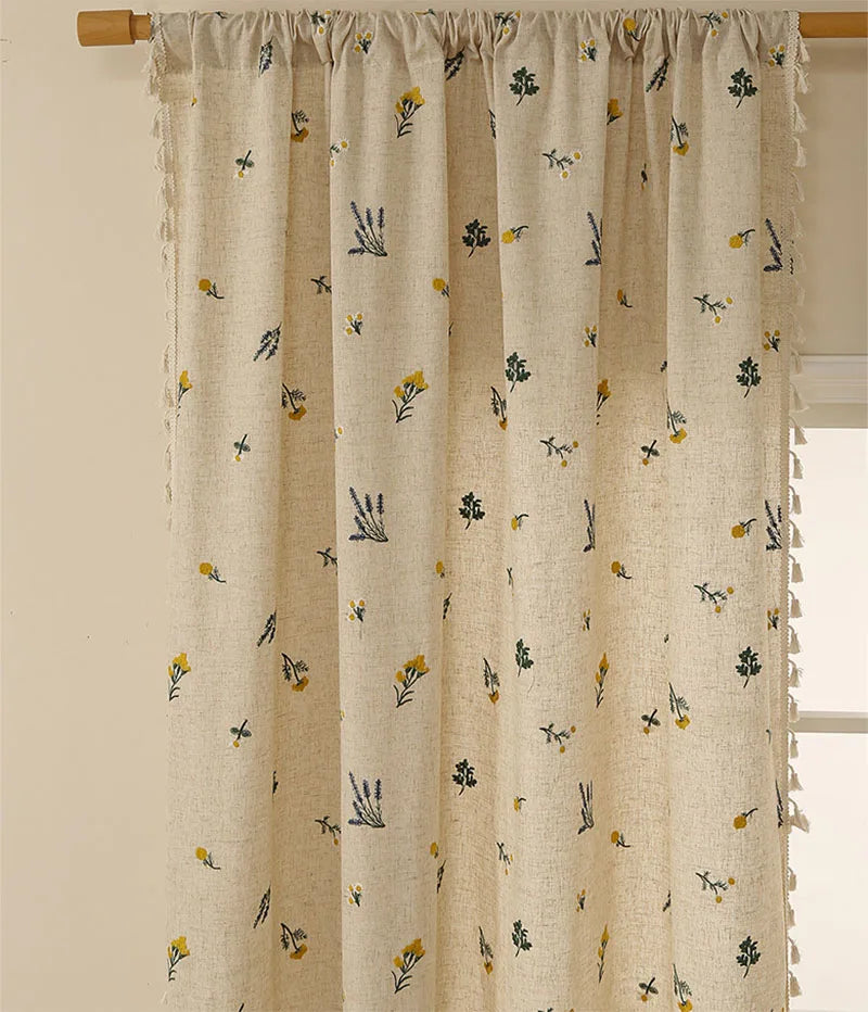 Boho Curtain Daisy Embroidered Farmhouse Window Treatments Beige Floral Curtain Rod Pocket Light Filtering Living Room Bedroom
