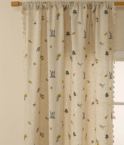 Boho Curtain Daisy Embroidered Farmhouse Window Treatments Beige Floral Curtain Rod Pocket Light Filtering Living Room Bedroom