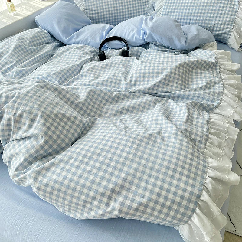 Korean Princess Style Lattice Double Layer Lace Bedding Set Soft Quilt Cover Plaid Style Duvet Covers Set Bed Sheet Pillowcases
