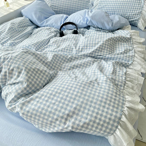 Korean Princess Style Lattice Double Layer Lace Bedding Set Soft Quilt Cover Plaid Style Duvet Covers Set Bed Sheet Pillowcases