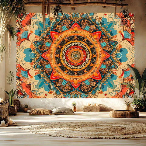 1pc Large Mandala Tapestry - Vibrant Orange/Black/White/Red Bohemian Style | Home Decor, Holiday Gift & Party Event Decoration
