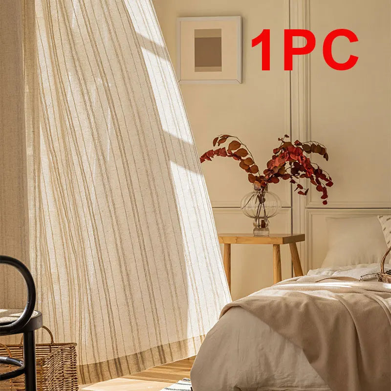 1/2 Panles Japanese Harajuku Style Striped Linen Gauze Curtains, Living Room And Bedroom Gauze Curtains