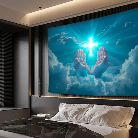Glowing Cross Background Praying Cloth Home Decorative Artwork for Living Room Bedroom Office Party Decoration Wall Tapestry