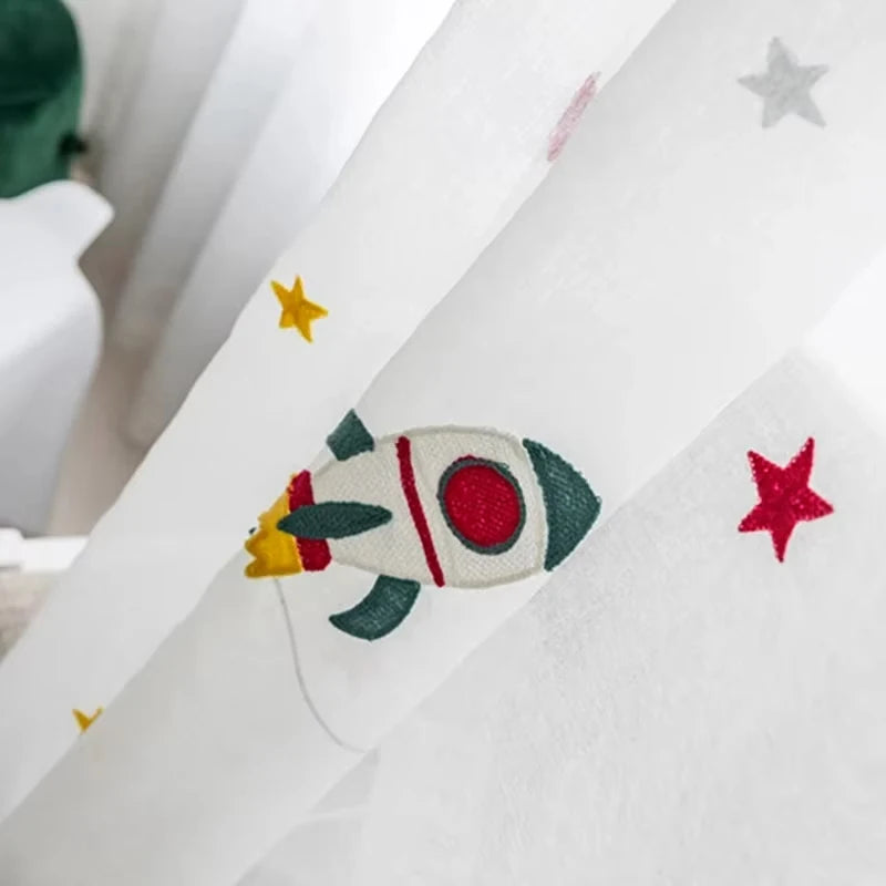 Cartoon Outer Space Rocket Embroidered Voile Curtain For Kids Bedroom Living Room Sheer Window Drapes Luxury Children Tulle 20D3