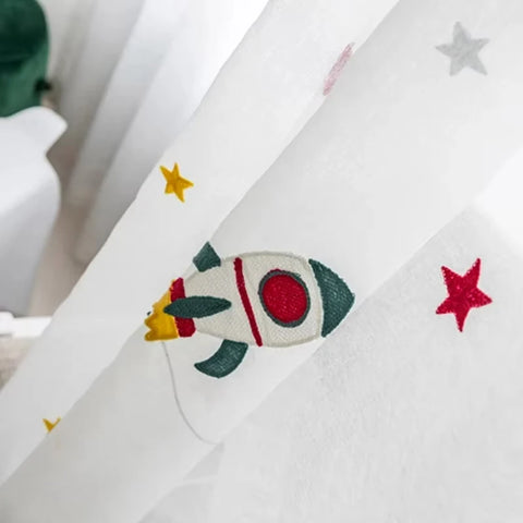 Cartoon Outer Space Rocket Embroidered Voile Curtain For Kids Bedroom Living Room Sheer Window Drapes Luxury Children Tulle 20D3