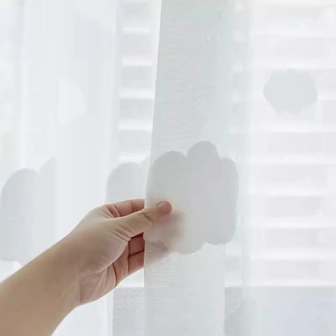 3D Cloud Embroidered Tulle Curtain For Living Room Bedroom Japanese Simple White Flocking Cartoon Sheer Drapes For Children Room