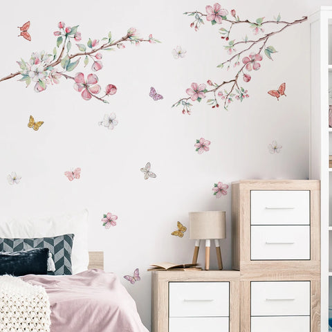 Pink Flowers Blooming Tree Branch Butterfly  Floral Watercolor Wall Stickers for Nursery Bedroom Living Room Wall Decals Murals