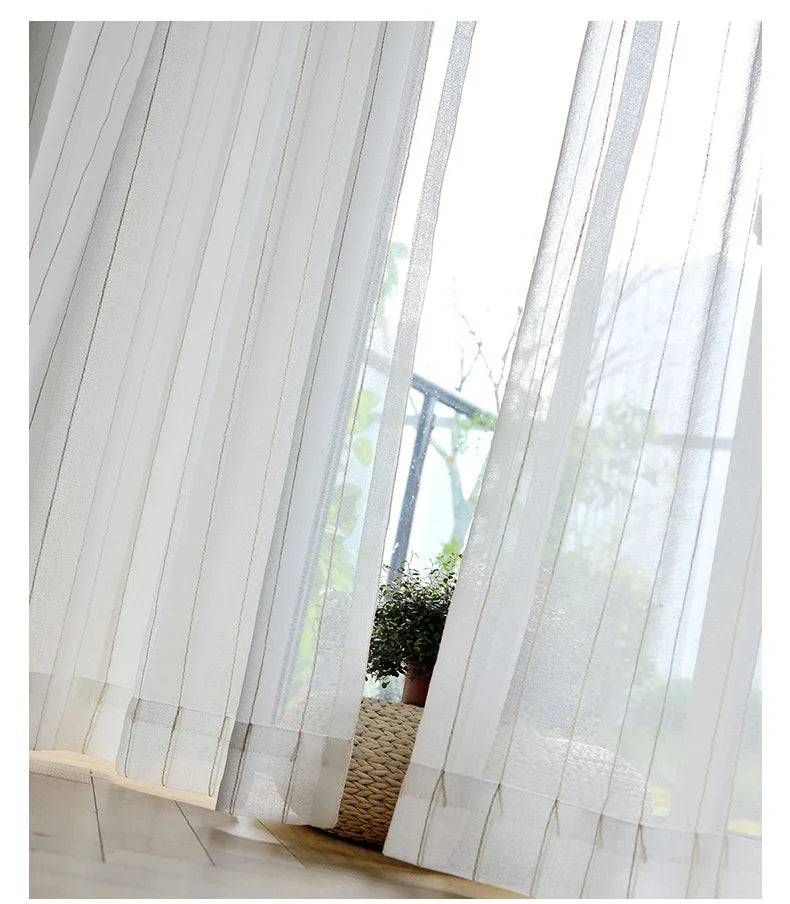 Nordic white Japanese linen cotton curtain tulle for bedroom living room striped gauze finished floating curtain balcony window