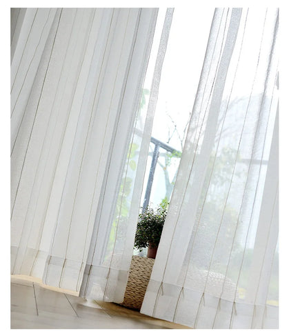 Nordic white Japanese linen cotton curtain tulle for bedroom living room striped gauze finished floating curtain balcony window