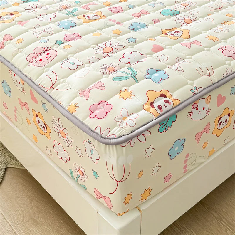 Adorable Quilted Washed Cotton Fitted Mattress Cover - Super Cute Girl's Design, Hypoallergenic