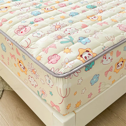Adorable Quilted Washed Cotton Fitted Mattress Cover - Super Cute Girl's Design, Hypoallergenic