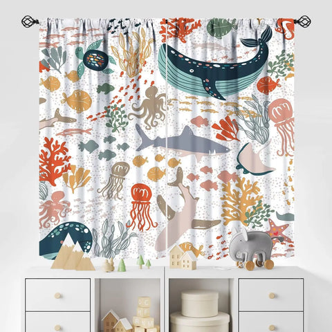 Kids Sea Animal Curtains Boys Girls Bedroom Nursery Decor Funny Turtle Whale Ocean Colorful Art Printed Blackout Window Drapes