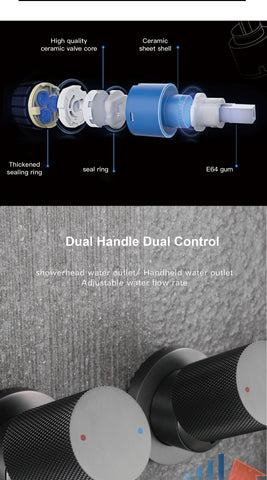 Luxury gun gray brass wall mounted shower system embedded design with 2 handles dual control hot and cold water bathroom faucet