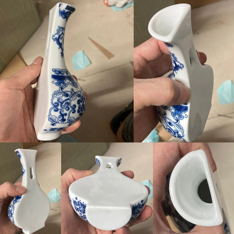 Ceramic vase, antique blue and white porcelain flower container, lucky bamboo, living room and home decoration, wall hanging