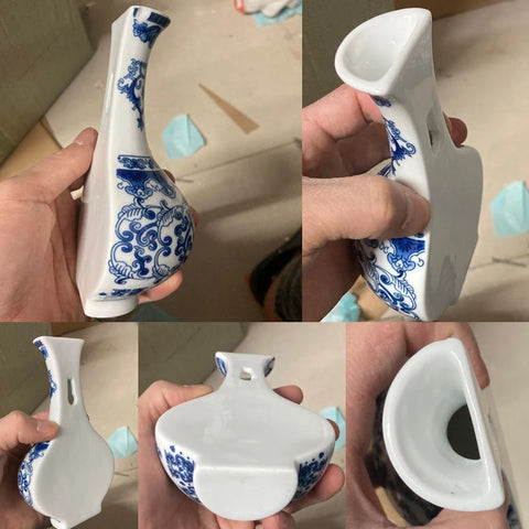 Ceramic vase, antique blue and white porcelain flower container, lucky bamboo, living room and home decoration, wall hanging