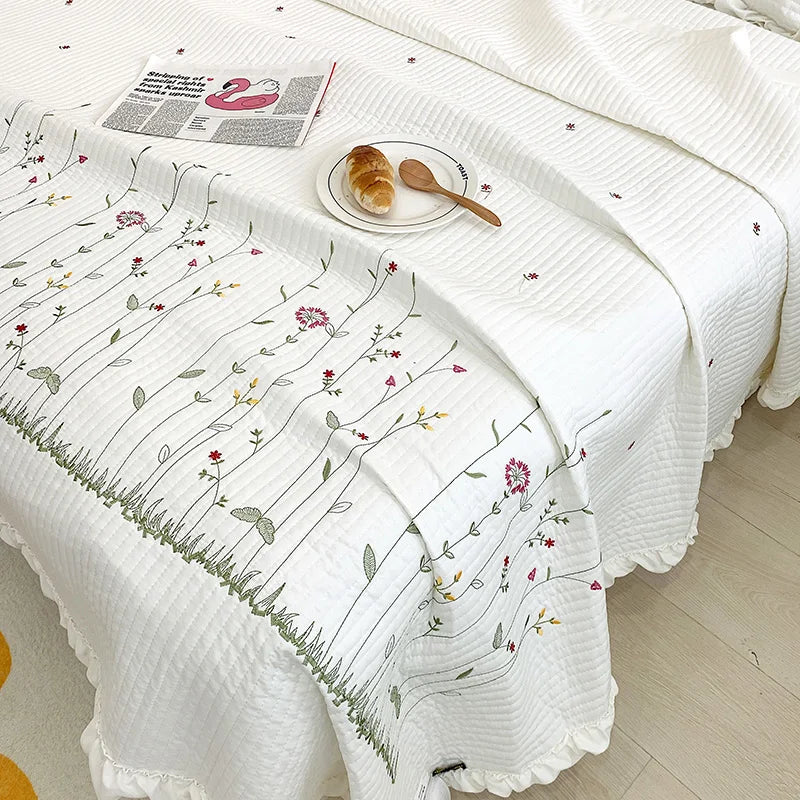 Fresh Flower Embroidered Summer Blanket 4/3/1 Pcs Ruffled Quilted Summer Quilt Set Machine Washable Lightweight Comforter Duvet