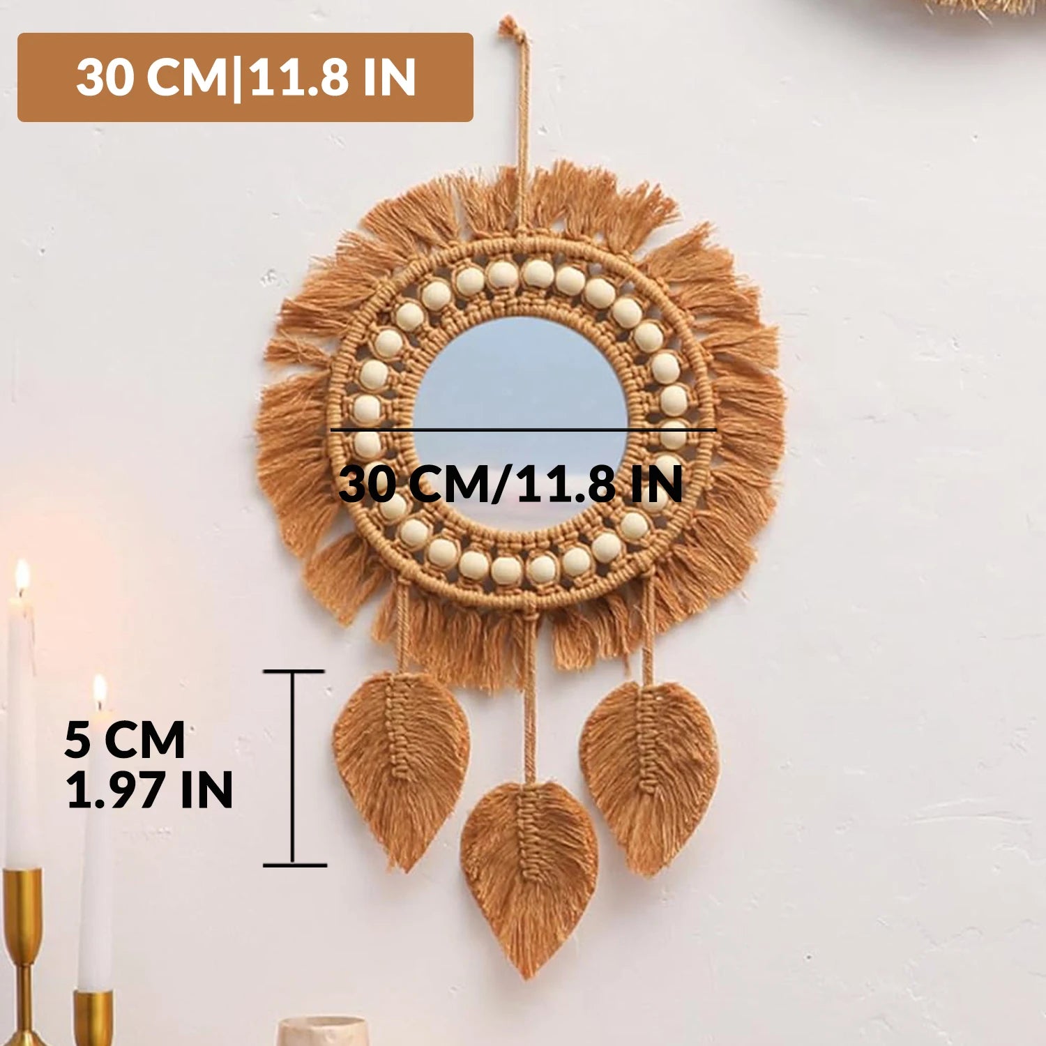 Macrame Hanging Wall Mirror, Boho Fringe Round Handmade Decorative Acrylic Mirror for Apartment Living Room Bedroom Home Decor